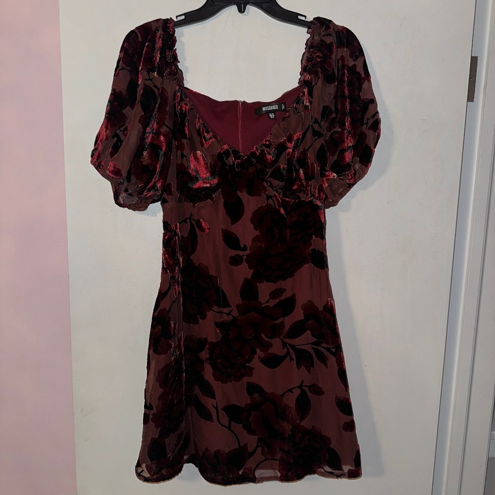 Missguided red velvet puff sleeve floral dress